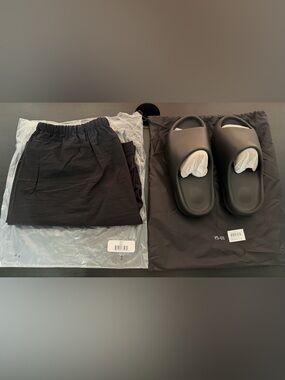 Yeezy Slides and Shorts